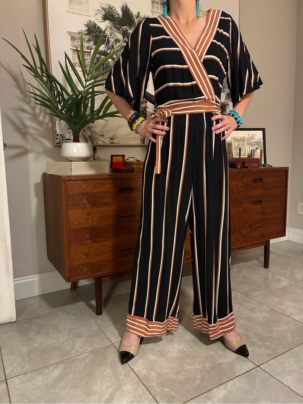 Women’s Black and Rust Striped Wrap Jumpsuit